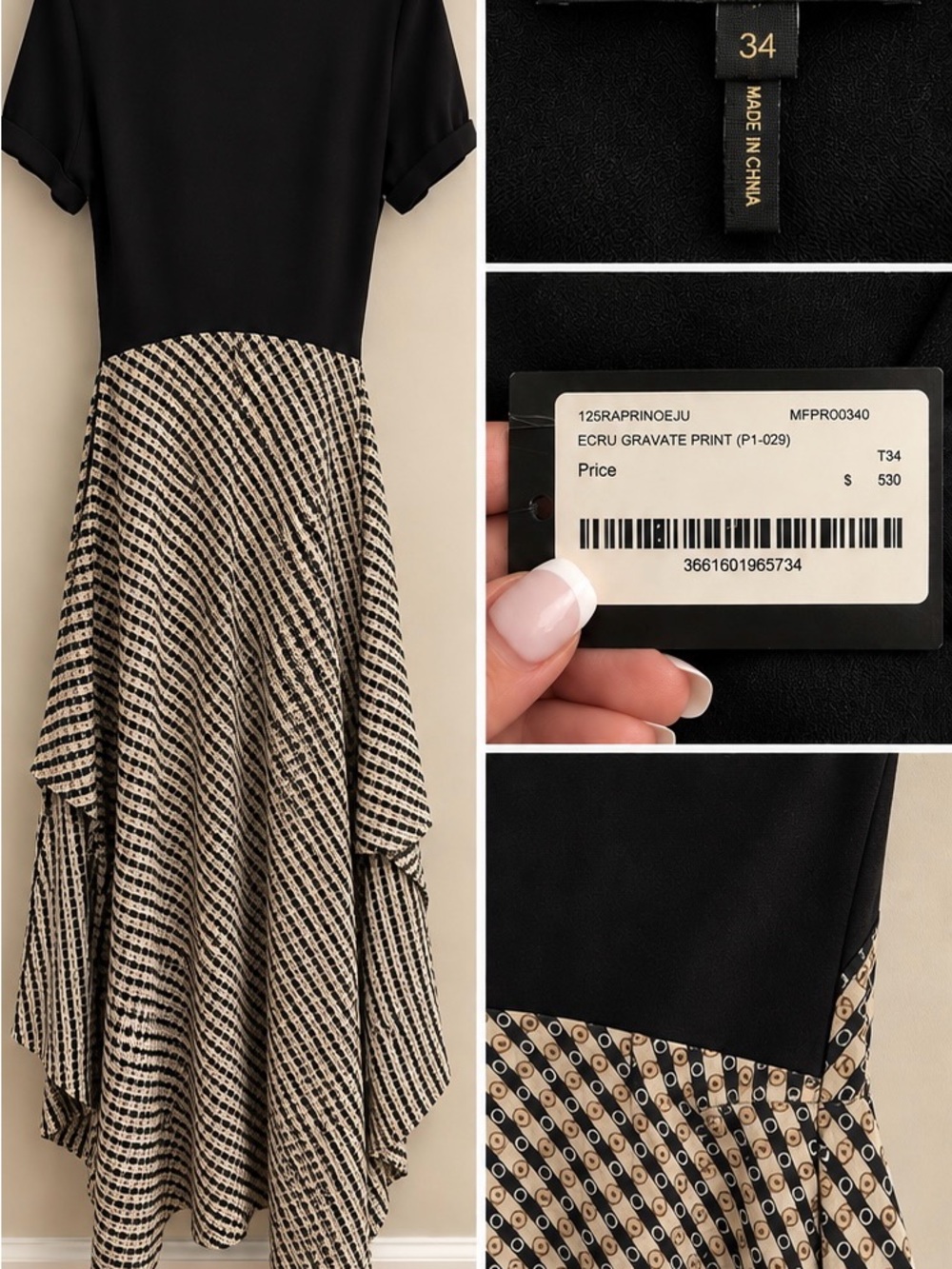 Maje Black and Ecru Printed High-Low Dress